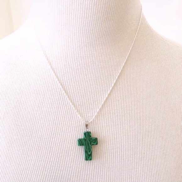 Green Cross Necklace W/18” Silver Plated Chain - Picture 2 of 2